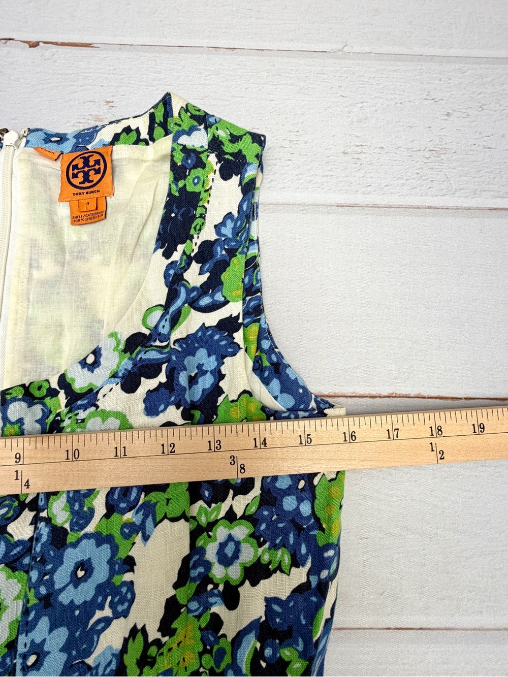 Tory Burch Size 4 Linen Floral Fit & Flare Pleated Dress Blue Green - Picture 5 of 10